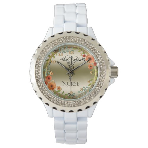 Caduceus Symbol Floral | RN Nurses Nursing Gold Wrist Watch