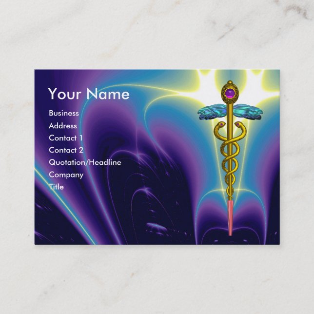 CADUCEUS, vibrant blue turquase gold amethyst Business Card (Front)