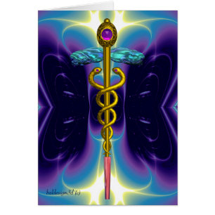 CADUCEUS, vibrant gold amethyst Blue Purple Cards