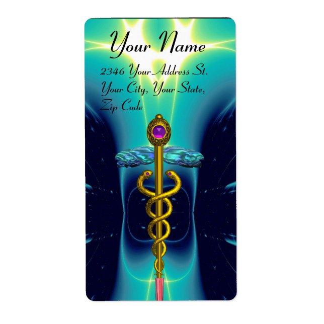 CADUCEUS, vibrant gold amethyst , blue turquase Label (Front)