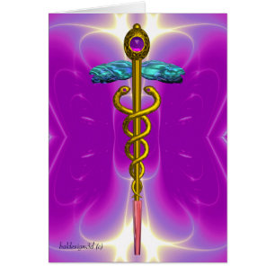 CADUCEUS, vibrant gold amethyst Violet Fuchsia Cards
