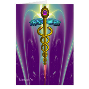 CADUCEUS, vibrant gold amethyst Violet Fuchsia Cards