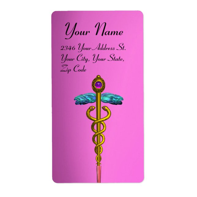 CADUCEUS, vibrant gold amethyst ,violet pink Label (Front)