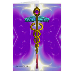 CADUCEUS, vibrant gold amethyst Violet Purple Cards