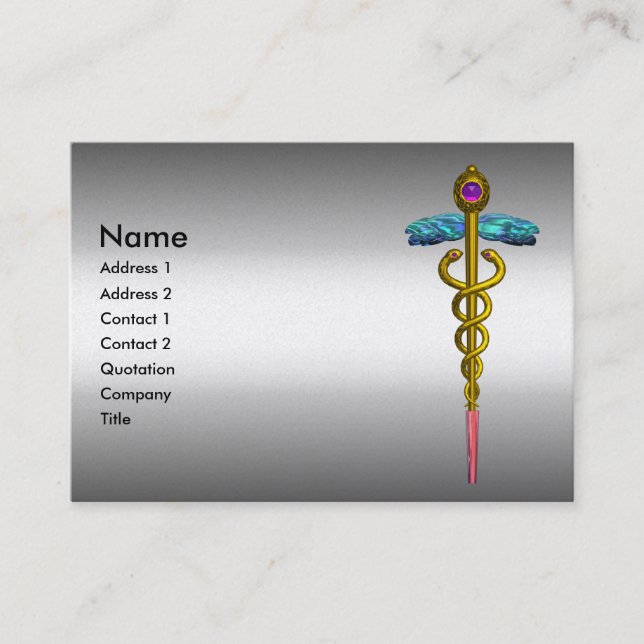 CADUCEUS, vibrant gold metallic ,amethyst Business Card (Front)
