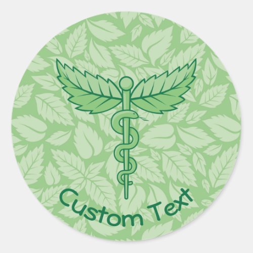Caduceus with Leaves Background Classic Round Sticker