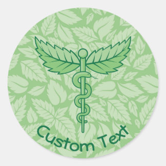 Caduceus with Leaves Background Classic Round Sticker