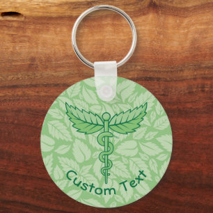 Caduceus with Leaves Background Keychain