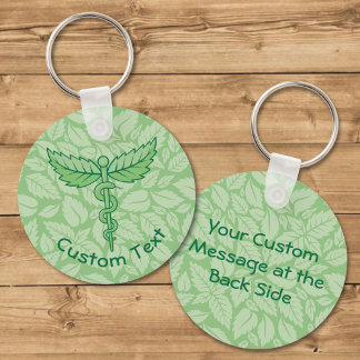 Caduceus with Leaves Background Keychain