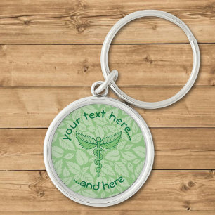 Caduceus with Leaves Background Keychain
