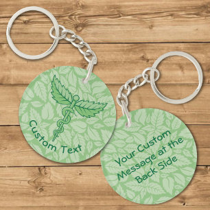 Caduceus with Leaves Background Keychain