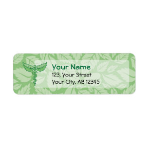 Caduceus with Leaves Background Label
