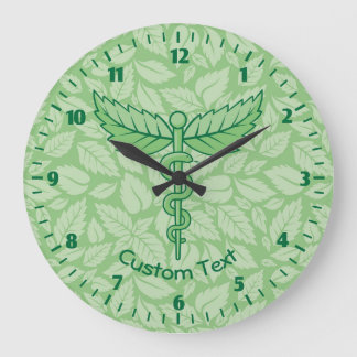 Caduceus with Leaves Background Large Clock