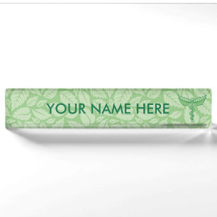 Caduceus with Leaves Background Name Plate