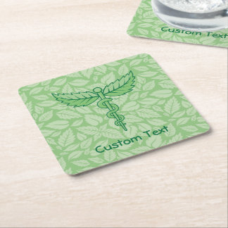 Caduceus with Leaves Background Paper Coaster