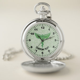 Caduceus with leaves background pocket watch