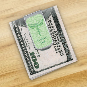Caduceus with Leaves Background Silver Finish Money Clip
