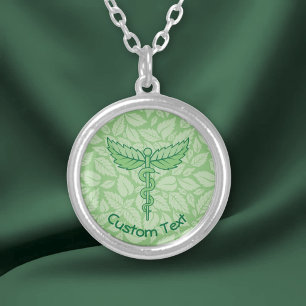 Caduceus with Leaves Background Silver Plated Necklace