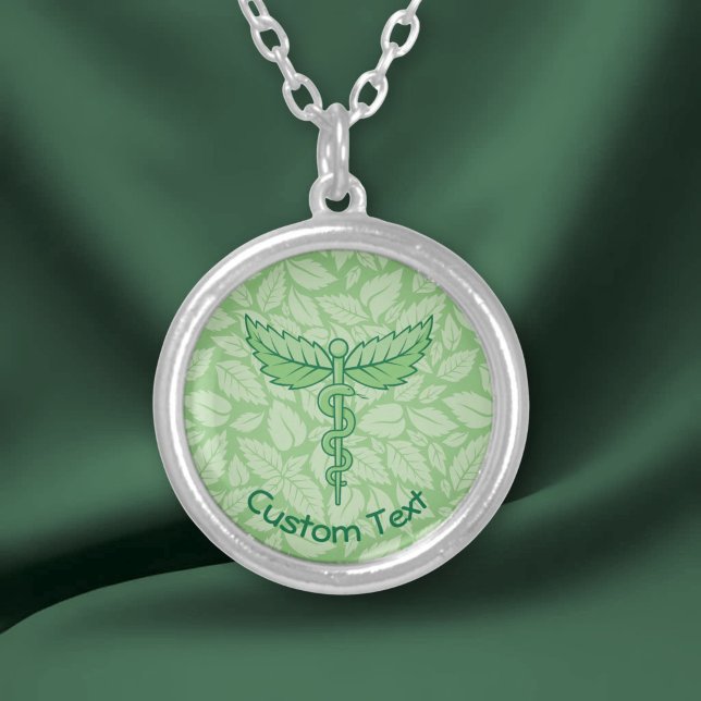 Caduceus with Leaves Background Silver Plated Necklace (Creator Uploaded)