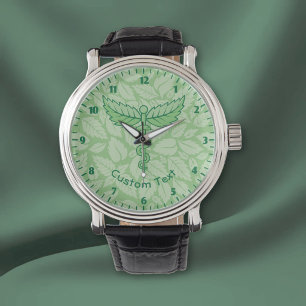Caduceus with Leaves Background Wristwatch