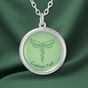 Caduceus with Leaves Silver Plated Necklace