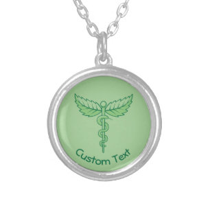 Caduceus with Leaves Silver Plated Necklace