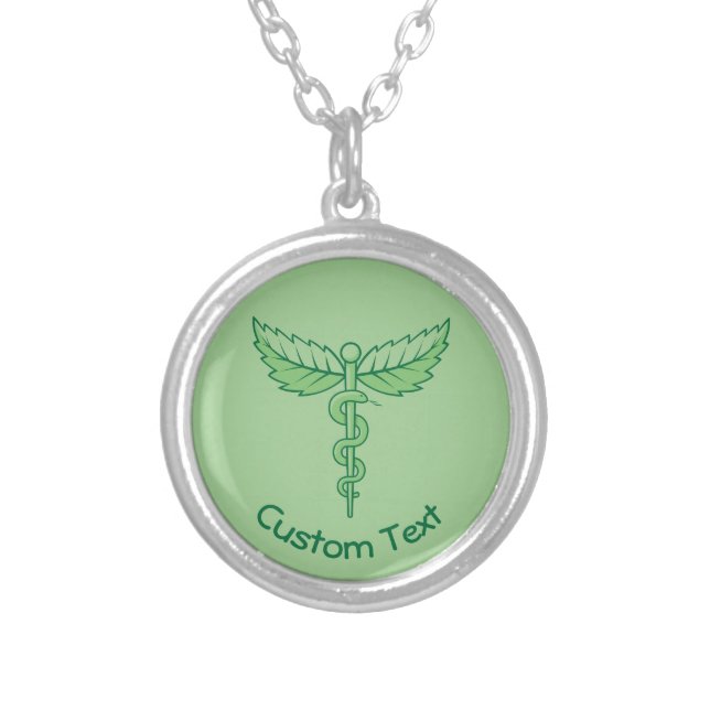 Caduceus with Leaves Silver Plated Necklace (Front)