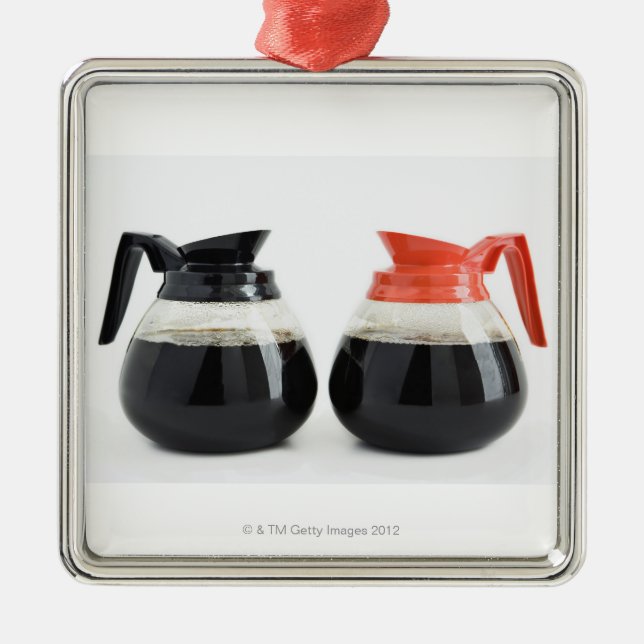 Caf. and Decaf. Coffee Pots on White. Metal Ornament (Front)