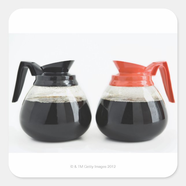 Caf. and Decaf. Coffee Pots on White. Square Sticker (Front)