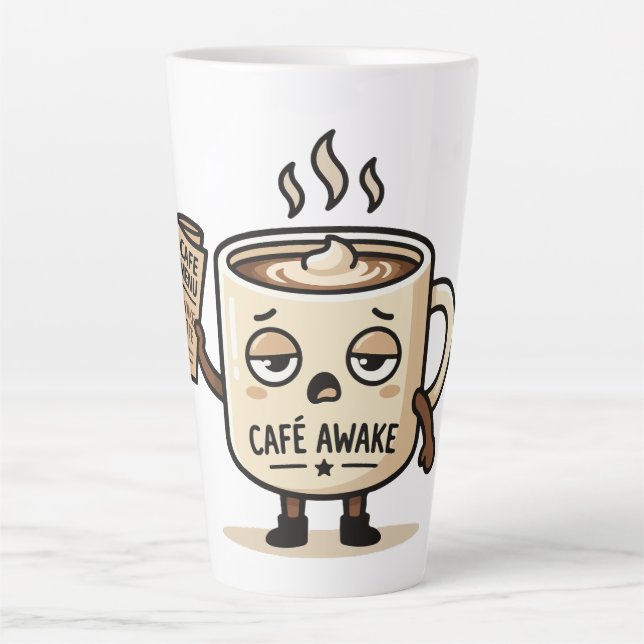 Café Awake Cute Sleepy Coffee Mascot Illustration Latte Mug (Front)
