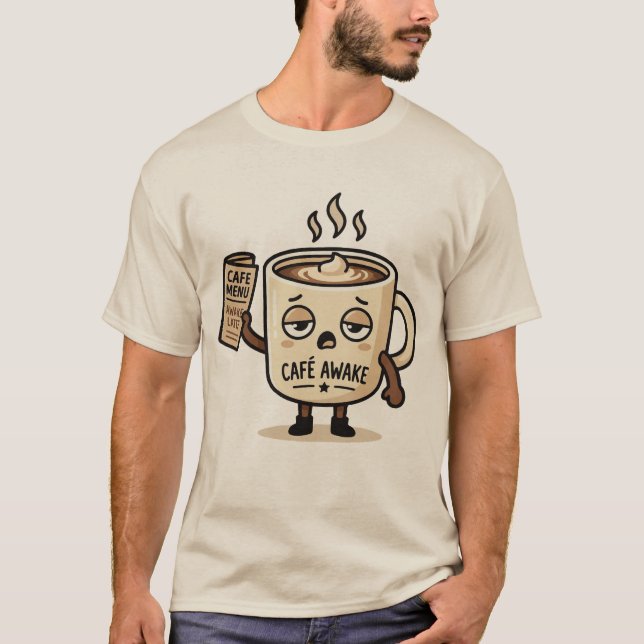 Café Awake Cute Sleepy Coffee Mascot Illustration T-Shirt (Front)
