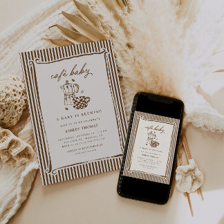 Cafe Baby Shower | Brown Stripe Baby is Brewing Invitation