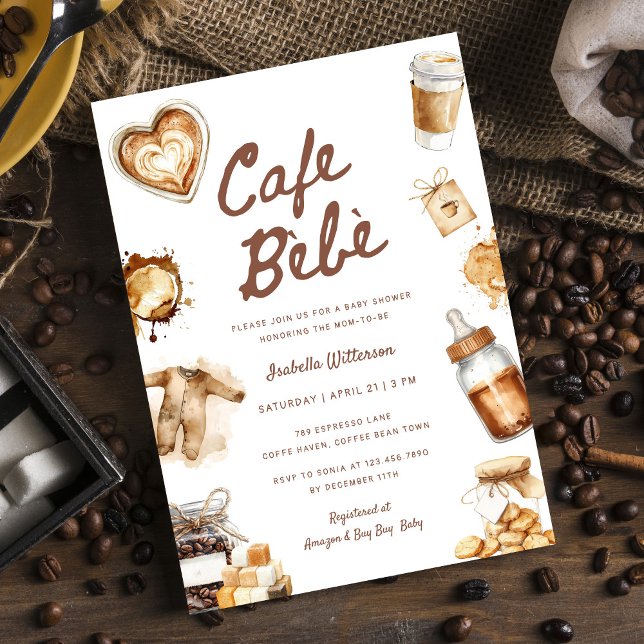 Cafe Bebe Baby Is Brewing Coffee Brown Baby Shower Invitation (Creator Uploaded)