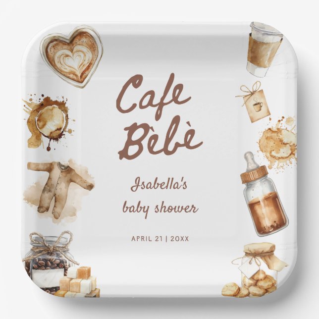 Cafe Bebe Baby Is Brewing Coffee Brown Baby Shower Paper Plates (Front)
