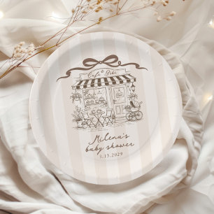 Cafe Bebe Beige Stripes Parisian theme Baby Shower Paper Plates