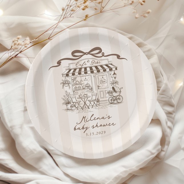 Cafe Bebe Beige Stripes Parisian theme Baby Shower Paper Plates (Creator Uploaded)