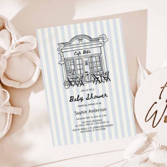 Cafe Bebe Blue Stripes Baby Shower Invitation (Creator Uploaded)