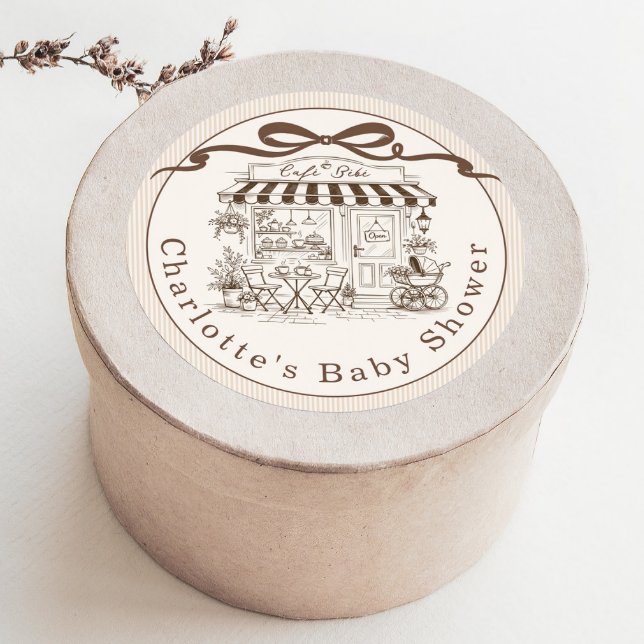 Cafe Bebe Brown Stripes Parisian theme Baby Shower Classic Round Sticker (Creator Uploaded)