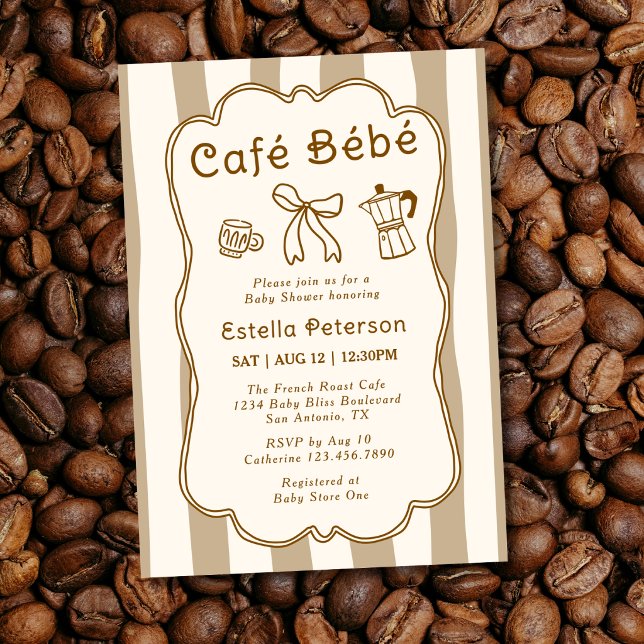 Cafe Bebe French Coffee Shop Cute Bow Baby Shower Invitation (Creator Uploaded)