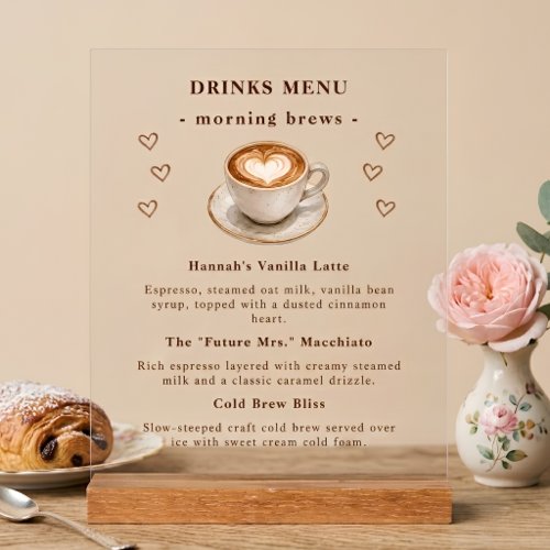 Cafe Bridal Shower Acrylic Coffee Bar Menu Sign
