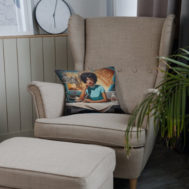 Café Chronicle: Retro Newsreader  Throw Pillow (Creator Uploaded)