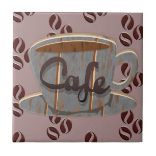 Cafe Coffee Cup and Coffee Beans Ceramic Tile