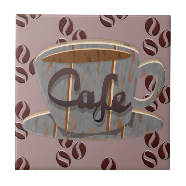 Cafe Coffee Cup and Coffee Beans Ceramic Tile (Front)