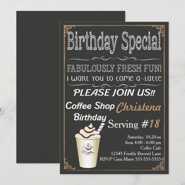 Cafe Coffee Shop Birthday Party Invitation (Front/Back)
