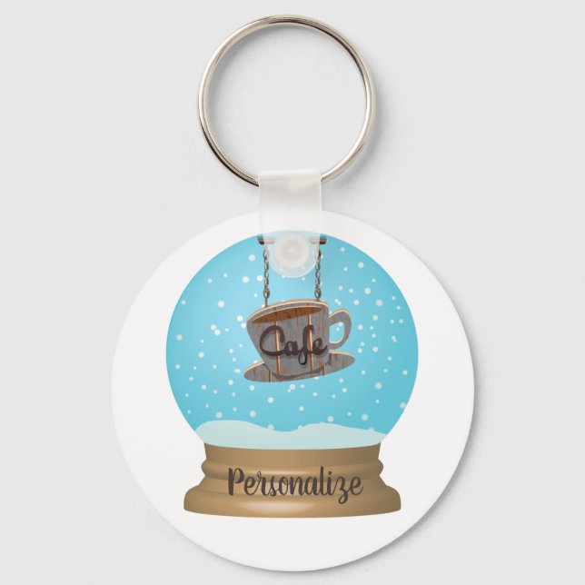 Cafe coffee sign snow globe unique blue brown  keychain (Front)