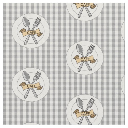 Cafe Cutlery Dinner Plate Gray White Gingham Plaid Fabric