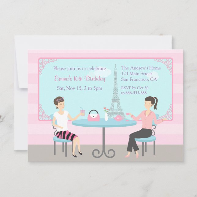 Cafe Eiffel Tower Paris Birthday Party Invitations (Front)
