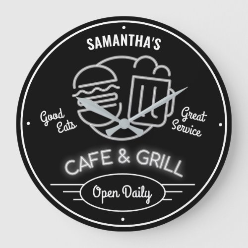 Cafe Grill Fifties Neon Effect Black White Retro Large Clock