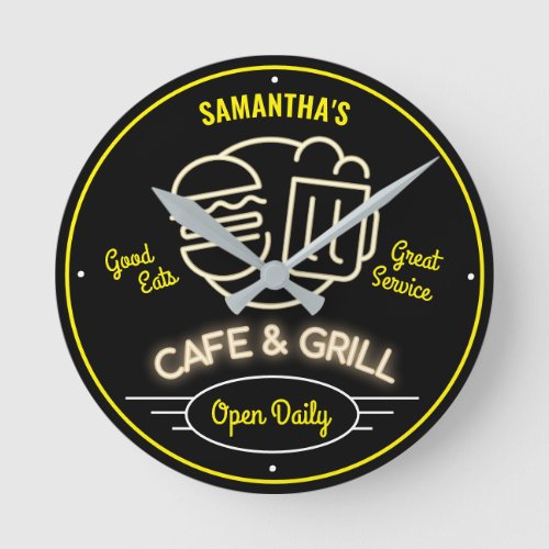  Cafe Grill Fifties Retro Neon Effect  Round Clock