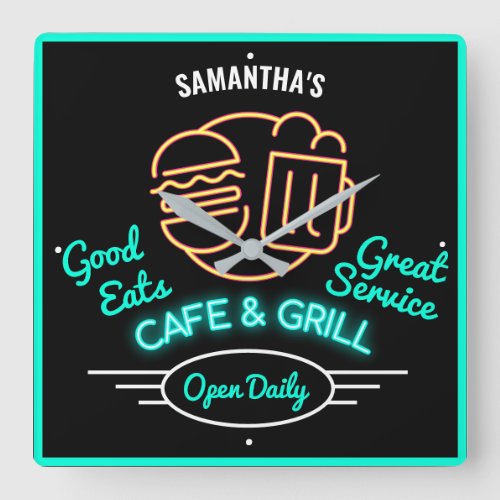  Cafe Grill Retro Fifties Green Neon Effect Name S Square Wall Clock